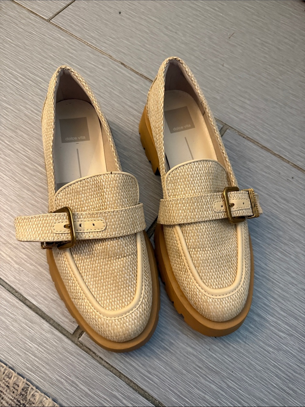 Dolce Vita Cream Rafia Buckle Loafers with Tan Lug Sole - barely used